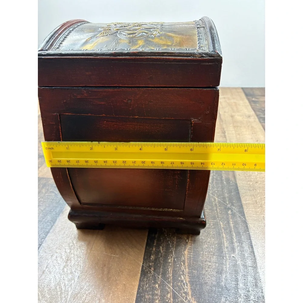 Vintage Wooden Treasure Chest Jewelry Box Cherub Relief Brown Gold Small Trunk